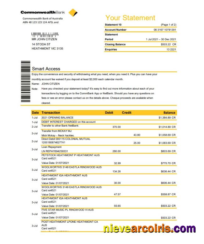Australia Commonwealth Bank statement in Excel and PDF format, fully editable